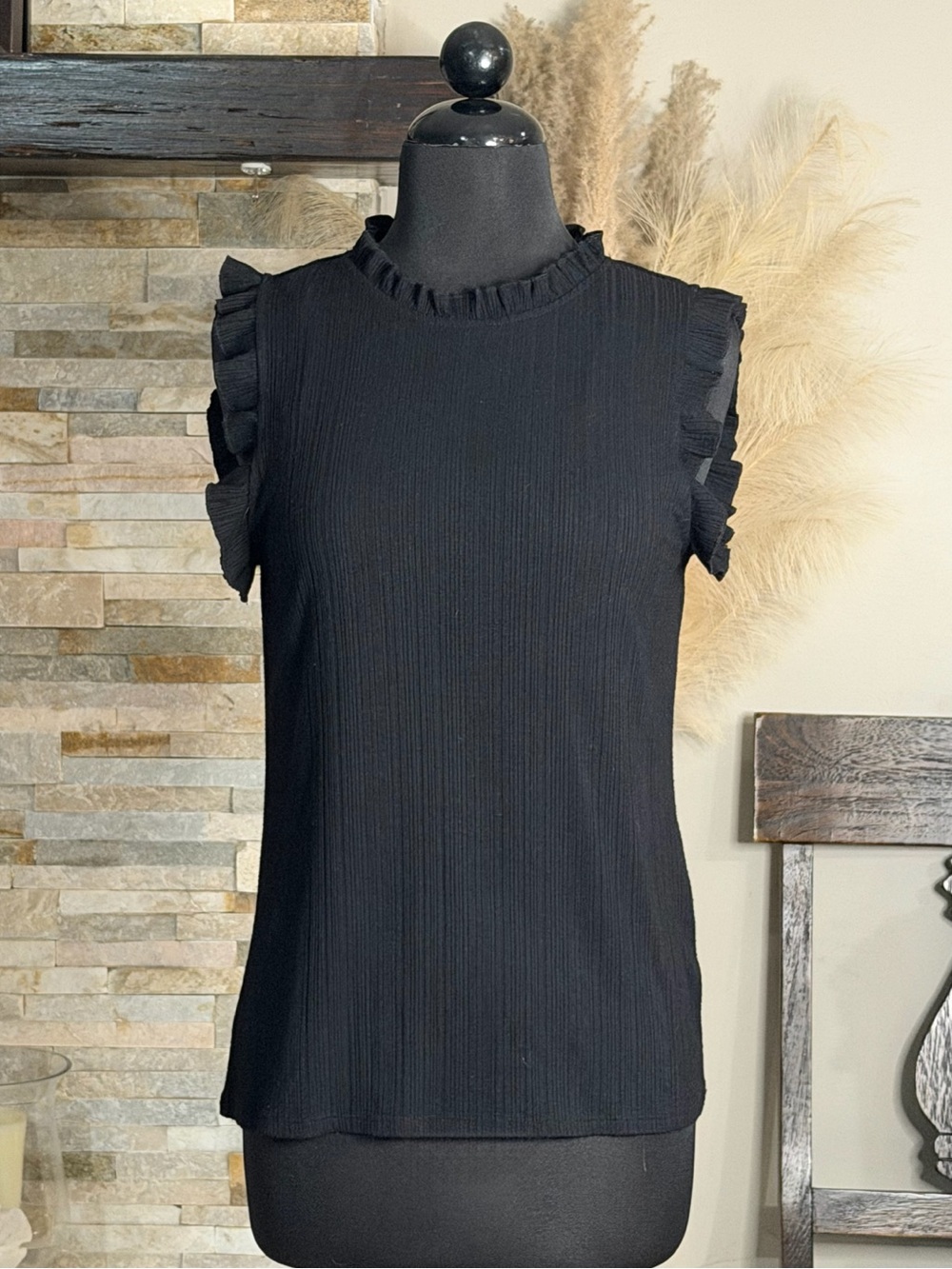 CeCe Black Ruffled Sleeveless Mock Neck Top